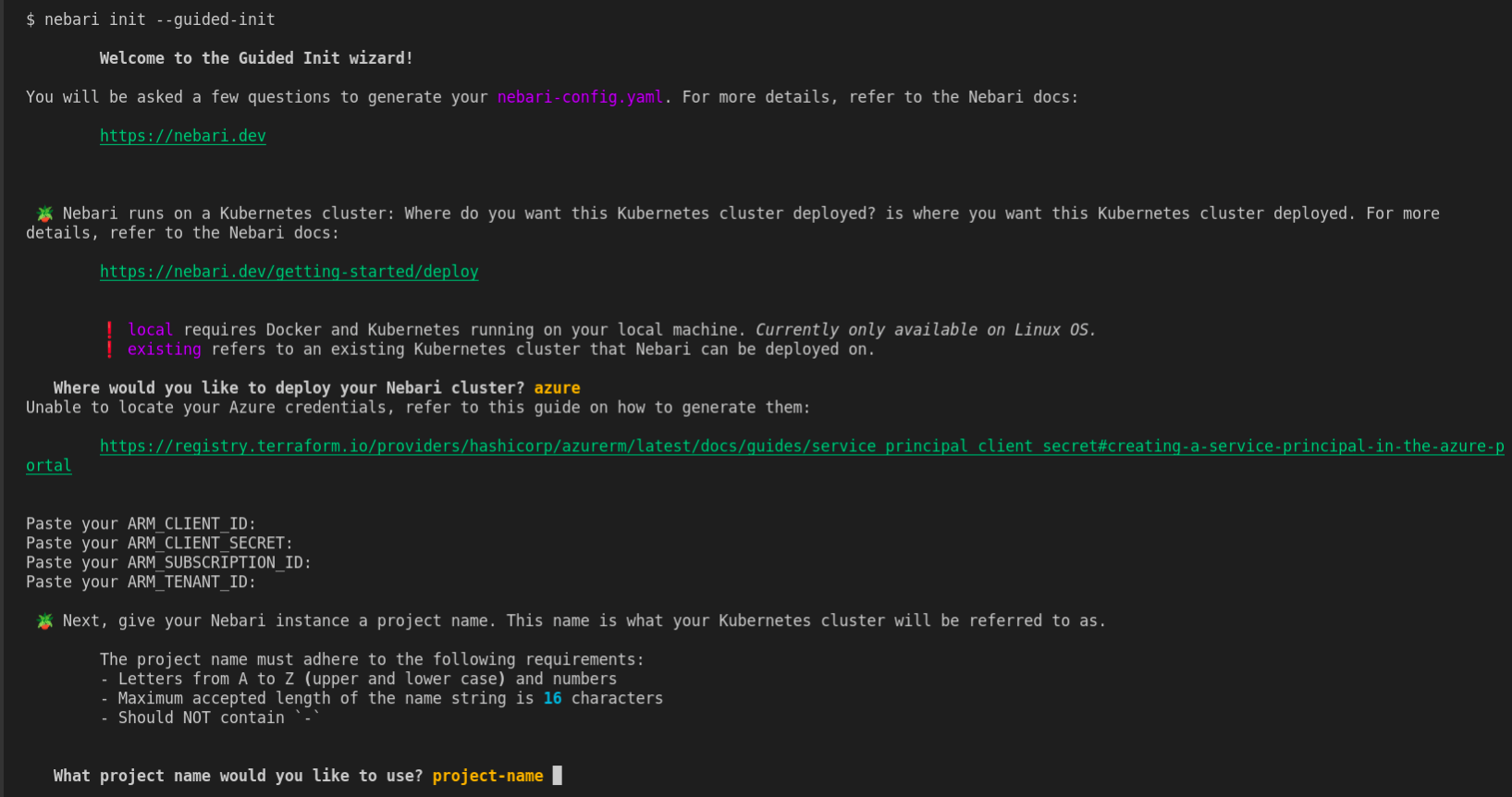 A representation of the output generated when Nebari init guided-init command is executed.